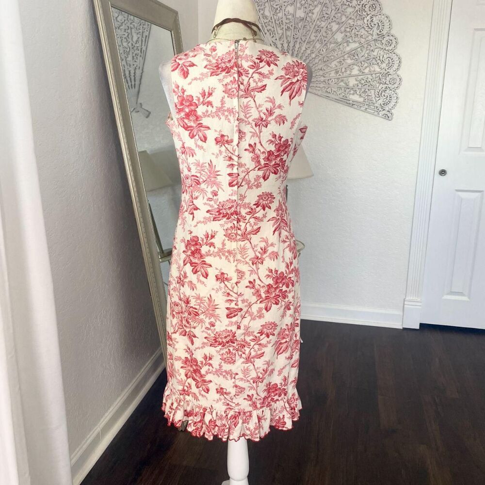 Maggy London Early 2000's Cotton Linen Flower Trumpet Ruffle Midi Dress S / 6 - Picture 5 of 7
